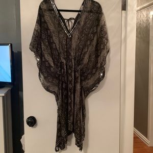 Sheer Snake Print Beach Coverup With Silver Sequined Trim One Size NWOT